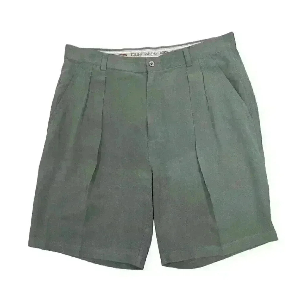 Tommy Bahama Men’s 100% Silk Pleated Chino Shorts Olive Size 36